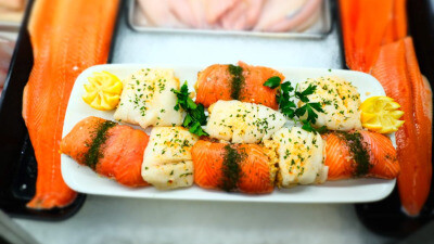 Atlantic Salmon Crab Stuffed as distributed by Euclid Fish Company, fresh fish market in Cleveland, Ohio